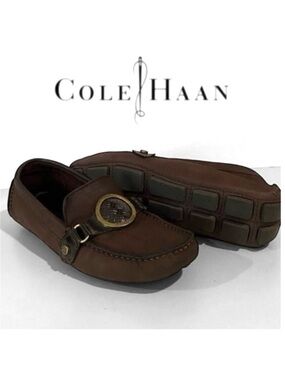 Cole Haan Brown Suede Leather Loafers with Gold Equestrian Buckle, Women's 6.5